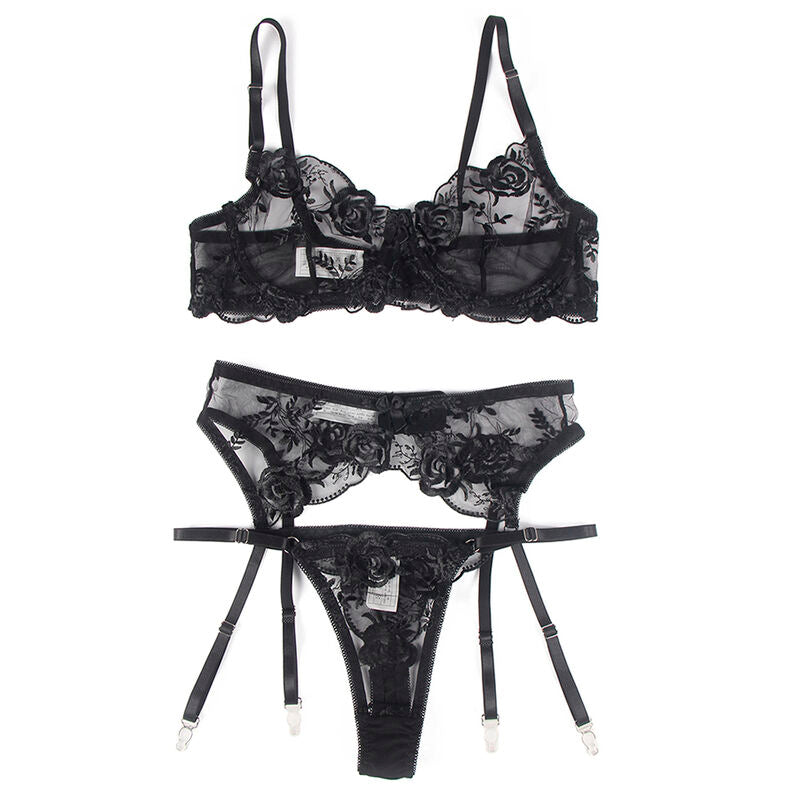 SUBBLIME - 945237 SOUTIEN-GORGE + CULOTTE AVEC PORTE-JARRETELLES MOTIF FLORAL NOIR S/M - Sensualia