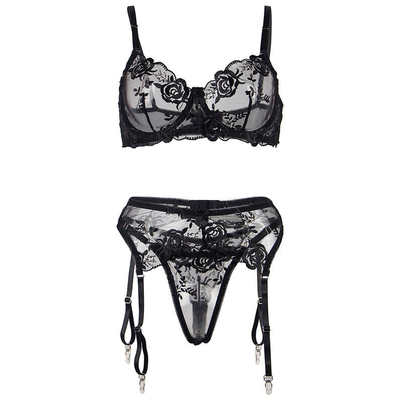 SUBBLIME - 945237 SOUTIEN-GORGE + CULOTTE AVEC PORTE-JARRETELLES MOTIF FLORAL NOIR S/M - Sensualia