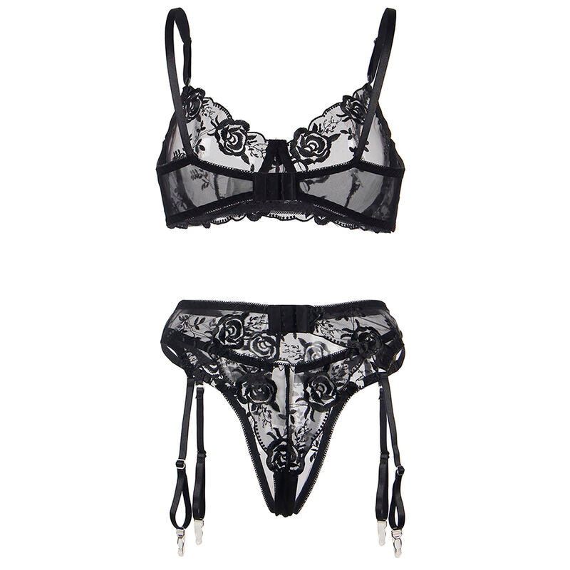 SUBBLIME - 945237 SOUTIEN-GORGE + CULOTTE AVEC PORTE-JARRETELLES MOTIF FLORAL NOIR S/M - Sensualia