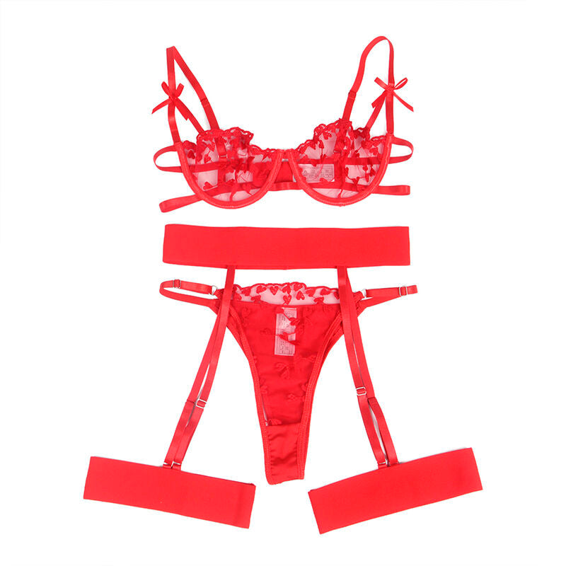 SUBBLIME - 954338 SOUTIEN-GORGE + STRING + PORTE-JARRETELLES IMPRIMÉ COEUR ROUGE L/XL - Sensualia