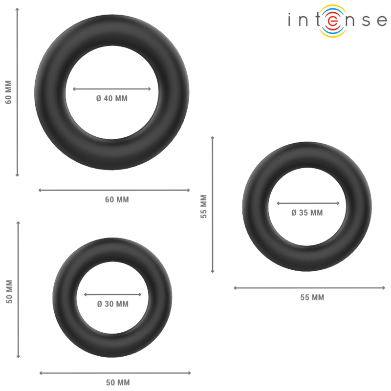 INTENSE - HUGH 3 ANNEAUX PÉNIS BASIQUES EN SILICONE NOIRS - Sensualia