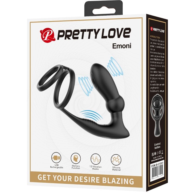 PRETTY LOVE - ANNEAU PÉNIS EMONI + PLUG ANAL 12 VIBRATIONS NOIR - Sensualia