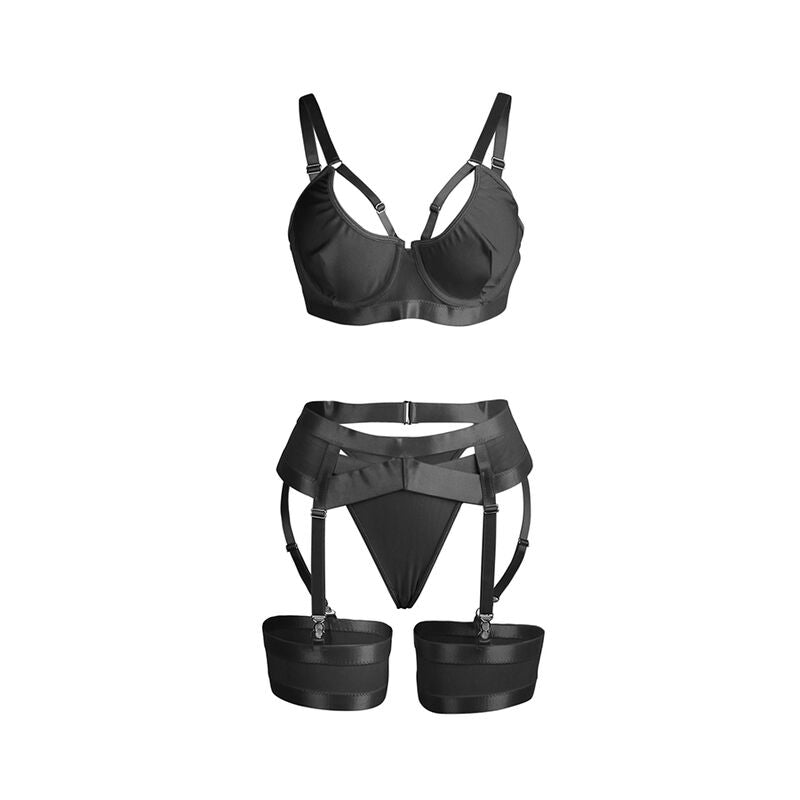 SUBBLIME - 955243 ENSEMBLE SOUTIEN-GORGE BONDAGE NOIR AVEC JARRETELLE L/XL - Sensualia