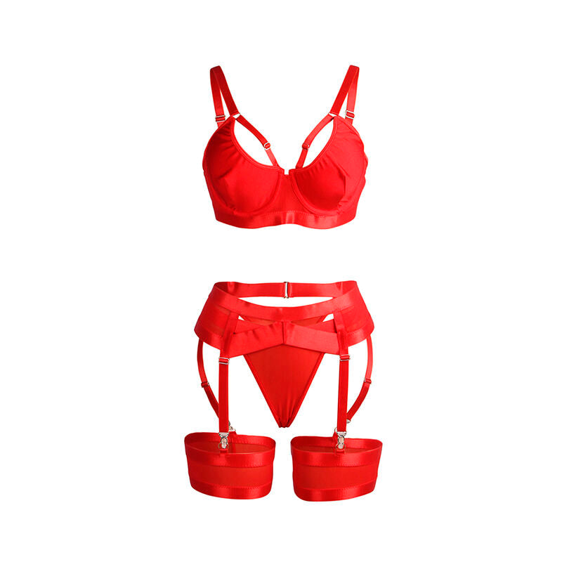 SUBBLIME - 955250 ENSEMBLE SOUTIEN-GORGE BONDAGE ROUGE AVEC JARRETELLES S/M - Sensualia
