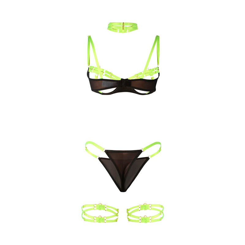 SUBBLIME - 955281 ENSEMBLE SOUTIEN-GORGE AVEC COLLIER ET DÉTAILS DE JAMBES VERT FLUORESCENT L/XL - Sensualia