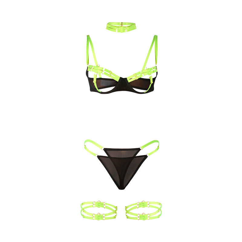 SUBBLIME - 955281 ENSEMBLE SOUTIEN-GORGE AVEC COLLIER ET DÉTAILS DE JAMBES VERT FLUORESCENT L/XL - Sensualia