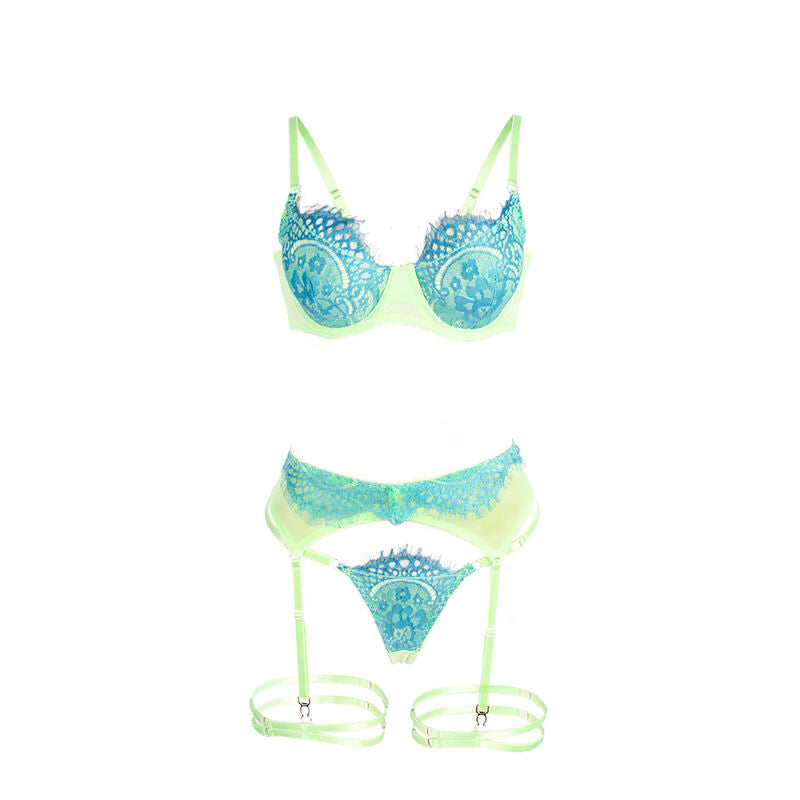 SUBBLIME - 955311 ENSEMBLE SOUTIEN-GORGE AVEC LIGNES DENTELLE ET JARRETELLE VERT ET BLEU S/M - Sensualia