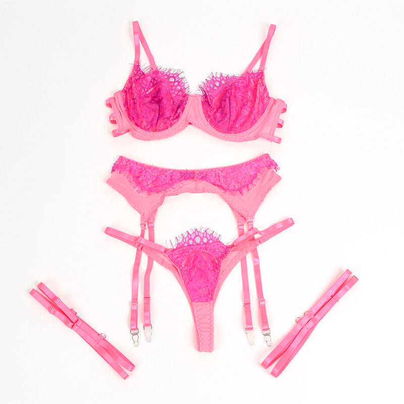 SUBBLIME - 955359 ENSEMBLE SOUTIEN-GORGE AVEC DENTELLE ET LIENS JARRETELLES ROSE ET VIOLET S/M - Sensualia