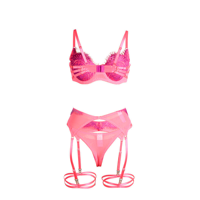 SUBBLIME - 955366 ENSEMBLE SOUTIEN-GORGE AVEC LIGNES DE DENTELLE ET JARRETELLES ROSE ET VIOLET L/XL - Sensualia