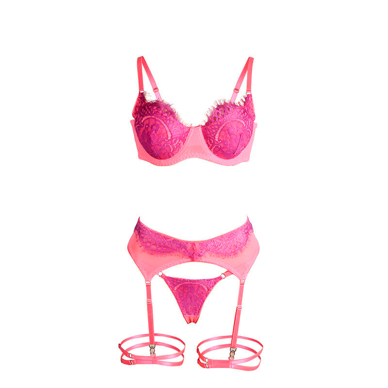 SUBBLIME - 955366 ENSEMBLE SOUTIEN-GORGE AVEC LIGNES DE DENTELLE ET JARRETELLES ROSE ET VIOLET L/XL - Sensualia