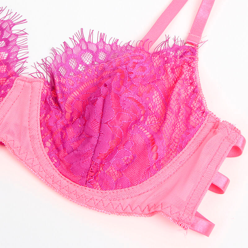 SUBBLIME - 955366 ENSEMBLE SOUTIEN-GORGE AVEC LIGNES DE DENTELLE ET JARRETELLES ROSE ET VIOLET L/XL - Sensualia