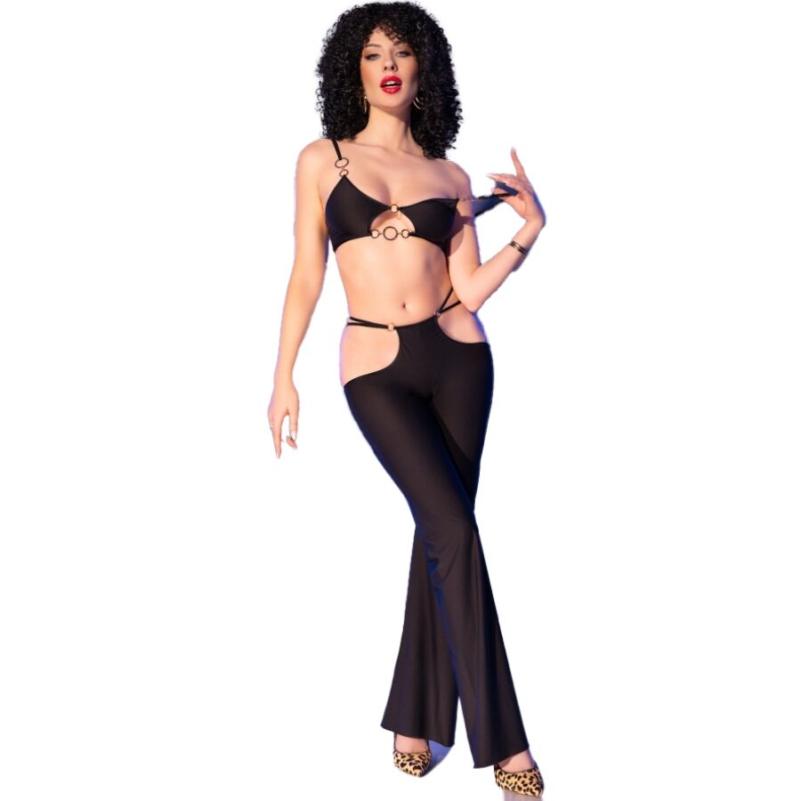 CHILIROSE - CR 4851 SET TOP NEGRO Y LEGGINS CON COMPLEMENTOS DORADOS - Sensualia
