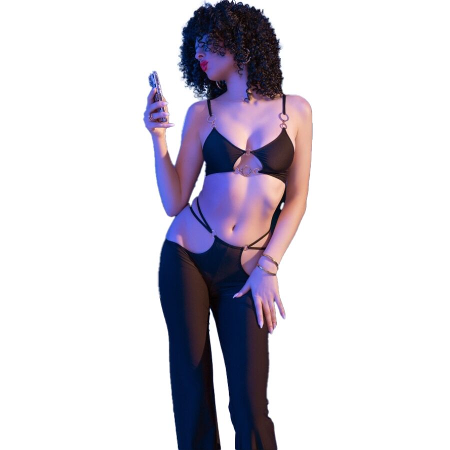 CHILIROSE - CR 4851 SET TOP NEGRO Y LEGGINS CON COMPLEMENTOS DORADOS - Sensualia
