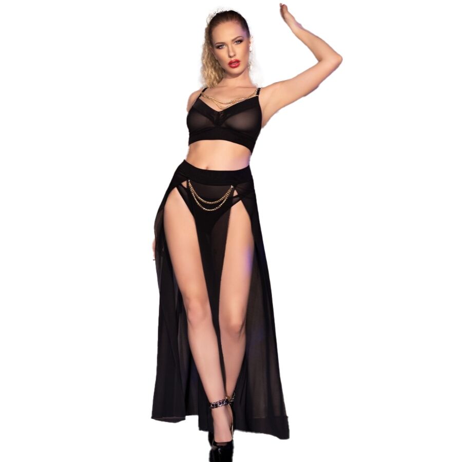 CHILIROSE - CR 4672 TOP NEGRO FALDA Y TANGA CON CADENAS DORADAS S - Sensualia