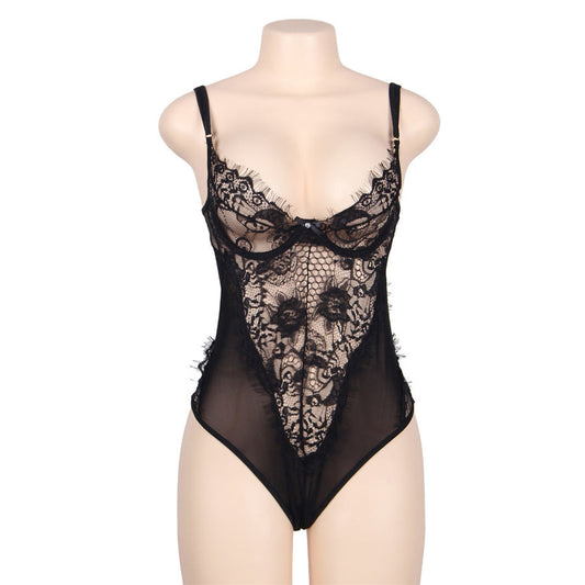 SUBBLIME - QUEEN PLUS DENTELLE FLORALE ET TEDDY NOIR  FRANGES - Sensualia