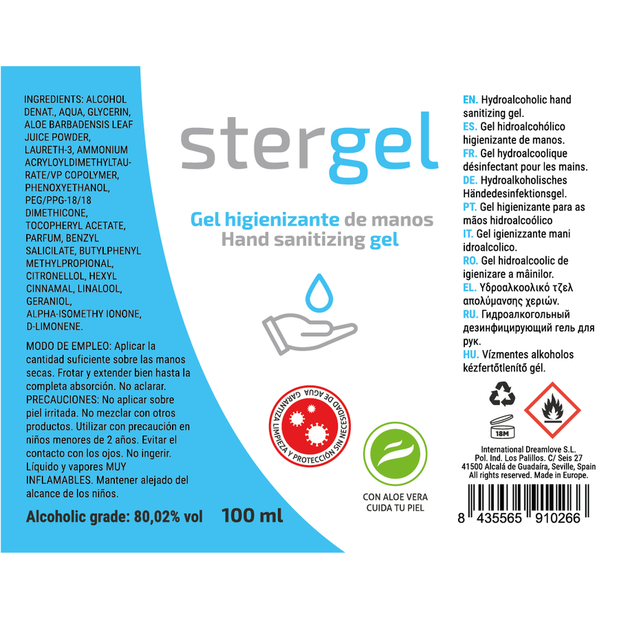 STERGEL - HYDROALCOHOLIC HAND SANITIZING GEL ALOE VERA 100ML - Sensualia