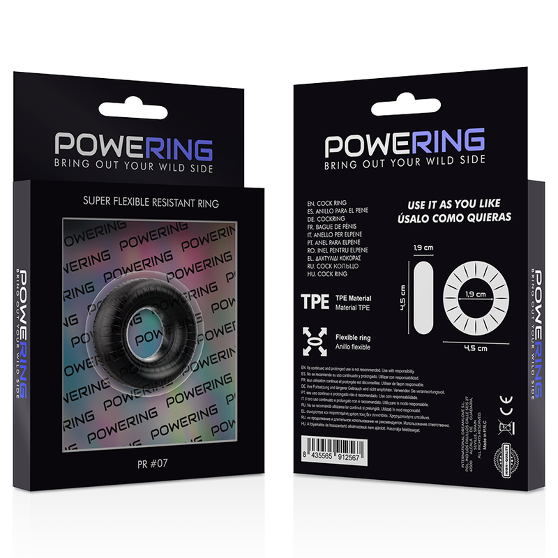 POWERING - ANNEAU PÉNIS SUPER FLEXIBLE ET RÉSISTANT 4,5CM PR07 NOIR - Sensualia