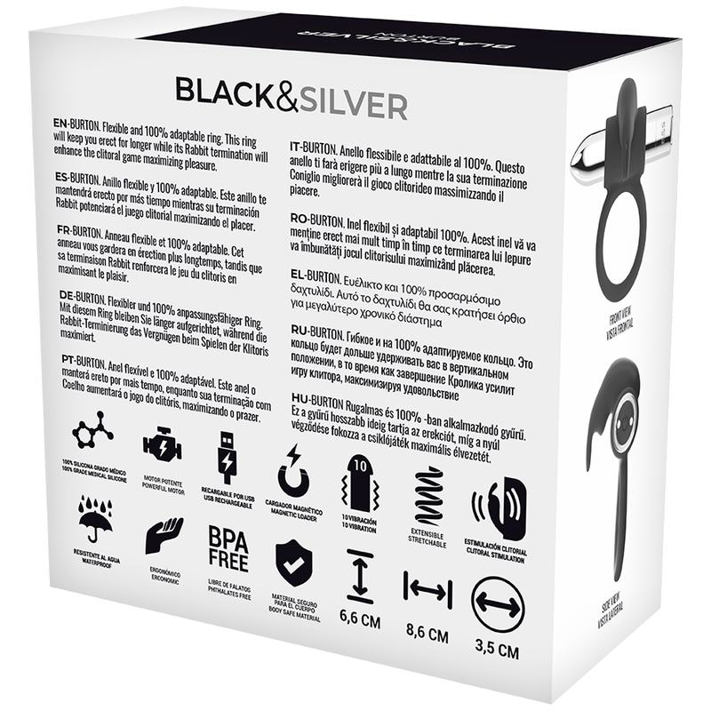 BLACK&SILVER - BAGUE RECHARGEABLE BURTON 10 MODES DE VIBRATION BLACK&SILVER