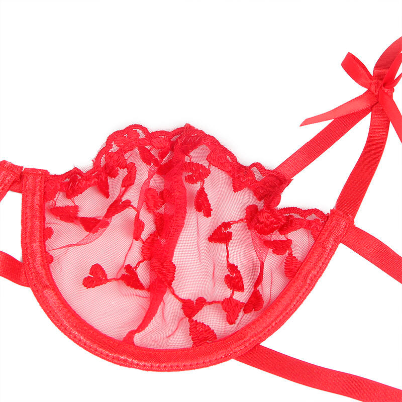 SUBBLIME - 954338 SOUTIEN-GORGE + STRING + PORTE-JARRETELLES IMPRIMÉ COEUR ROUGE L/XL - Sensualia